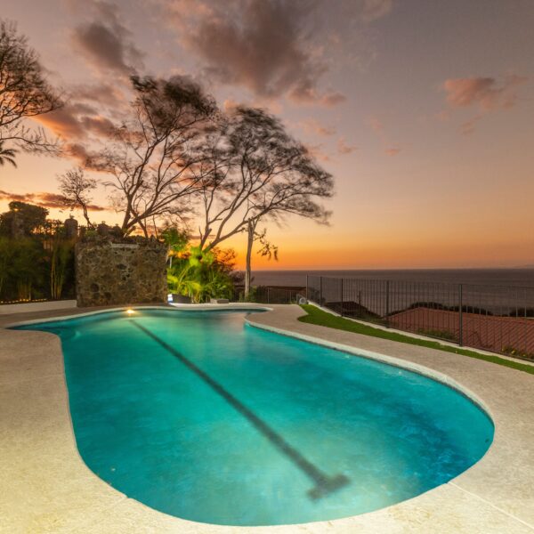 Evening at the private pool at sunset at Villa Puerto Escondido all-inclusive in Ocotal, Costa Rica