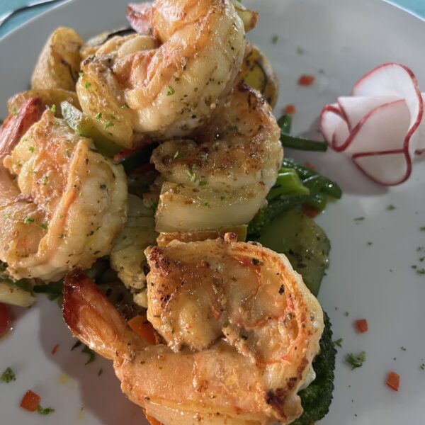 shrimp kabobs with roasted veggies made by martina at villa puerto escondido