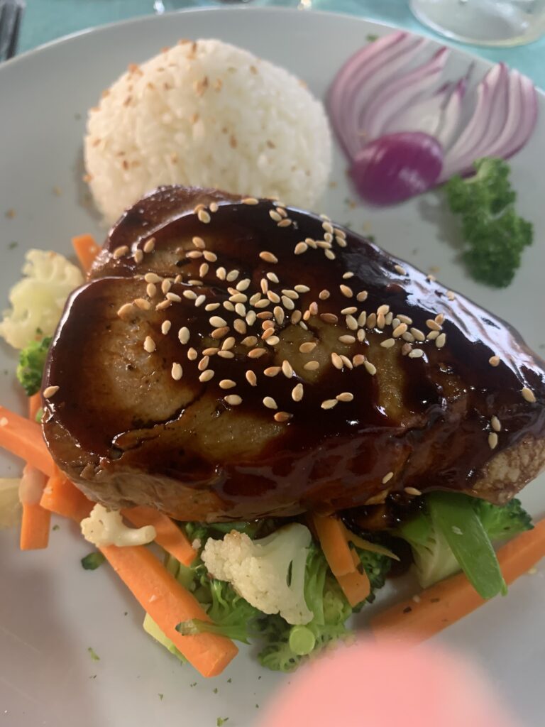 tuna steak with vegetables with sushi rice at villa puerto escondido
